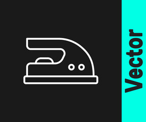 White line Electric iron icon isolated on black background. Steam iron. Vector