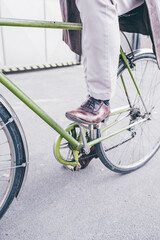 Fototapeta na wymiar Close up of man's foot on bike pedal - start, ride concept