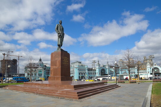 Moscow, Russia - April 28, 2021: Monument to Maxim Gorky on Tverskaya Zastava Square in the square near the Belorussky railway station