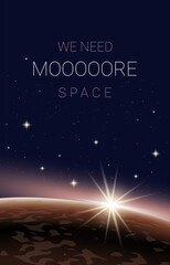 Vector open space vertical illustration of red planet with light and stars on dark color background, template banner