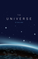 Fototapeta premium Vector open space vertical illustration of blue planet with light and stars on dark color background, template banner