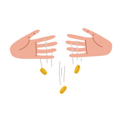 Fototapeta premium Loss of money. Waste of the budget. Money drips through your fingers. Coins fall from hands. Vector isolated fully editable illustration on white background.