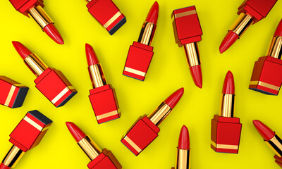 Obraz premium Lipstick. Fashion Colorful Lipsticks on yellow background. Lipstick tints palette, Professional Makeup and Beauty. Beautiful Make-up concept. Lipgloss. Lipsticks closeup. 3d rendering. 