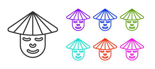 Black line Asian or Chinese conical straw hat icon isolated on white background. Chinese man. Set icons colorful. Vector