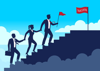 Silhouette leader businessman and team walking up staircases to the top of goal, Leadership teamwork business concept growth and the path to success, Flat design vector illustration