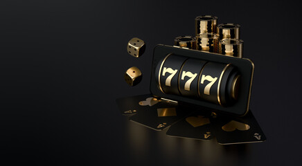 Fortune 777 slot machine, playing cards, casino roulette, chips and craps. Vegas casino game. The likelihood of good luck in gambling. Online casino. 3d rendering.	
