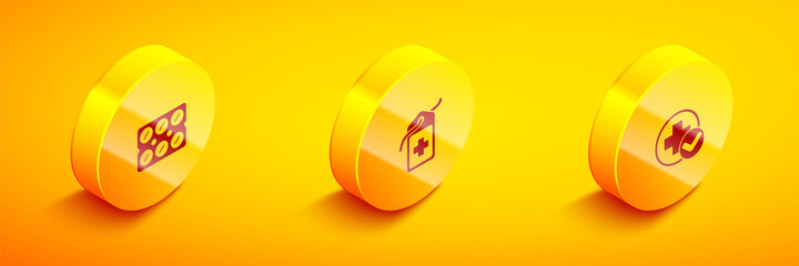 Set Isometric Pills in blister pack, Cross hospital medical tag and icon. Vector
