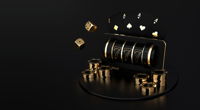 Fortune 777 slot machine, playing cards, casino roulette, chips and craps. Vegas casino game. The likelihood of good luck in gambling. Online casino. 3d rendering.	
