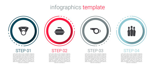 Set Medal, Stone for curling sport game, Whistle and Bowling pin. Business infographic template. Vector