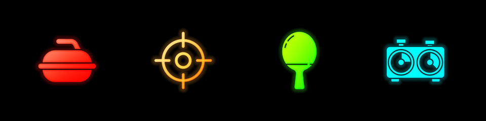 Set Stone for curling sport game, Target, Racket playing table tennis and Time chess clock icon. Vector