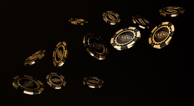 Gold casino chips on a dark background. Online casino. 3d rendering.	
