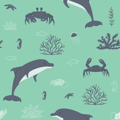 Cute dolphins, crabs, corals, algae, sea Horse, jellyfish sea ocean animals seamless pattern. Vector illustration in aquamarine, blue colors in flat and line art style