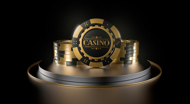 Gold casino chips on a dark background. A stack of casino chips. Online casino. 3d rendering