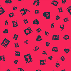Set Coffee machine, Manual coffee grinder, Electronic scales and Lovers on seamless pattern. Vector