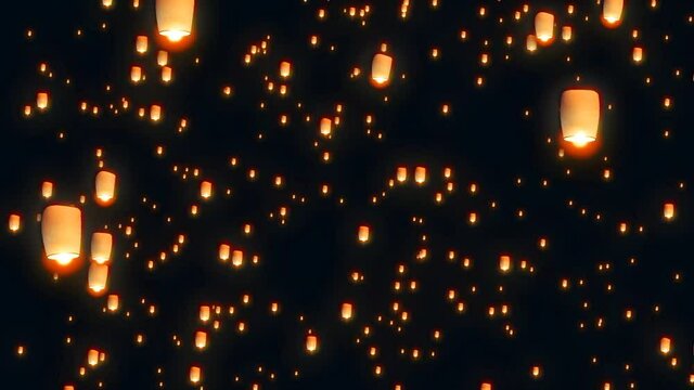 Bright warm floating lanterns animation, against a plain black background.