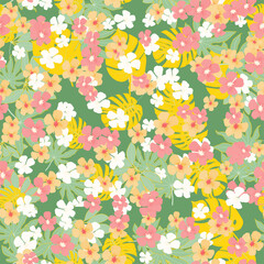 Summer bright seamless pattern in Hawaiian style with tiny flowers and tropical leaves.