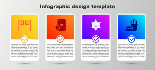 Set Saloon door, Casino chip and playing cards, Hexagram sheriff and Burger french fries. Business infographic template. Vector