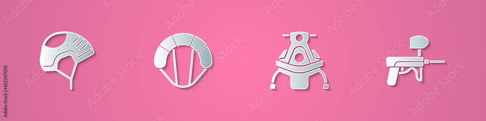 Poster Set paper cut Helmet, Parachute, Snowmobile and Paintball gun icon. Paper art style. Vector