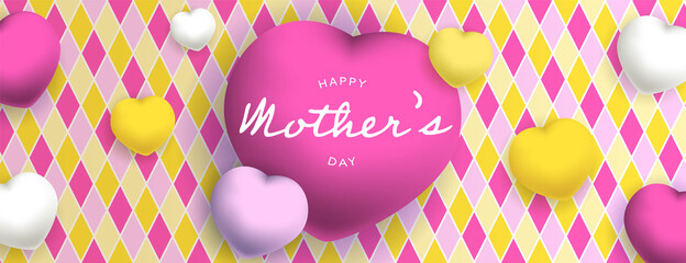 Happy mother's day, sous forme de carte ou bannière, poster ou flyer, avec des losanges et des gros coeurs jaunes, roses et blancs