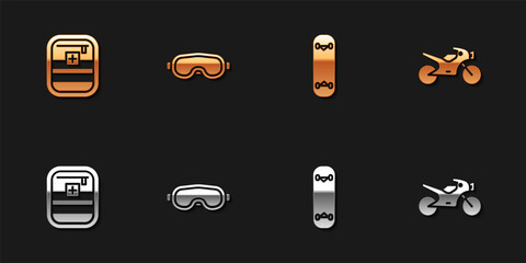 Set First aid kit, Ski goggles, Skateboard trick and Motorcycle icon. Vector