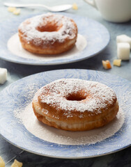 Classic doughnut sprinkled with powdered sugar. Sweet doughnuts.