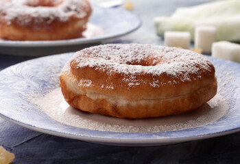 Obraz na płótnie Canvas Classic doughnut sprinkled with powdered sugar. Sweet doughnuts.
