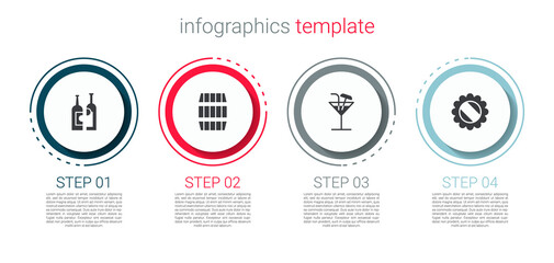 Set Bottles of wine, Wooden barrel, Cocktail and cap. Business infographic template. Vector