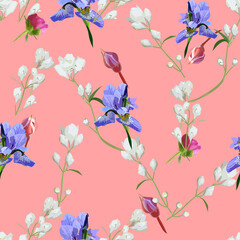 Beautiful seamless pattern with irises and small white flowers.