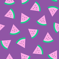 Pink watermelon slices with turquoise peel and black seeds, seamless pattern on violet background, vector illustration. Summertime freshness, juicy and colourful theme 