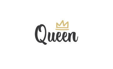 Queen word lettering with gold doodle crown. Vector illustration, calligraphic style text.