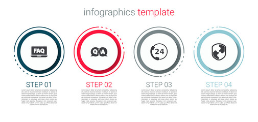 Set Laptop and FAQ, Question Answer, Telephone 24 hours support and Shield. Business infographic template. Vector