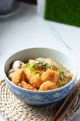 Egg Noodles and Fried Chicken with Fish Balls in Cups