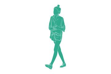 Vector illustration of a stylish woman walking with her bottle of water, Flat style with outline