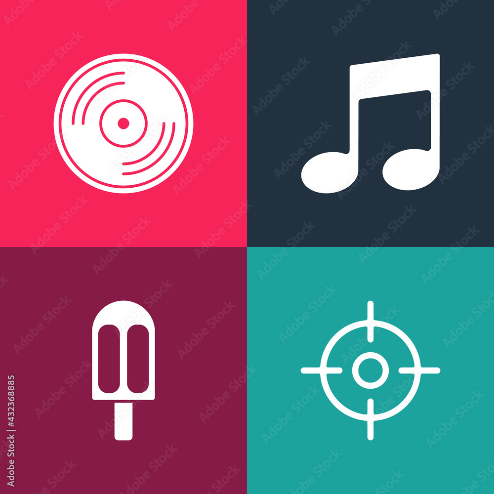 Sticker Set pop art Target sport, Ice cream, Music note, tone and Vinyl disk icon. Vector