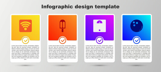 Set Wi-Fi wireless internet network, Ice cream, Bathroom scales and Bowling ball. Business infographic template. Vector