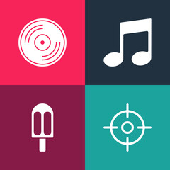 Set pop art Target sport, Ice cream, Music note, tone and Vinyl disk icon. Vector