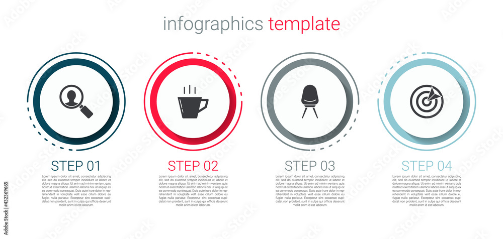 Canvas Prints Set Magnifying glass for search people, Coffee cup, Office chair and Target sport. Business infographic template. Vector