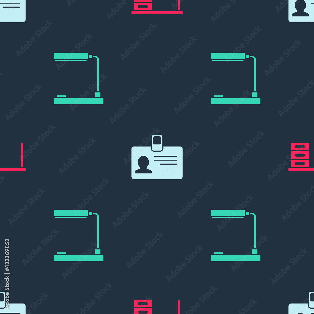 Poster set office desk, identification badge and table lamp on seamless pattern. vector