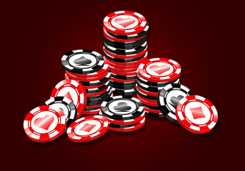 Red and black poker gaming chips vector set. Casino tokens coins with playing cards symbols, hearts, spades, clubs, diamonds.
