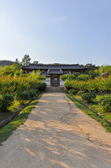 Korean Confucian Academy from Joseon Dynasty era. Path with small trees leading to main gate with pavilion behind. Byeongsan Seowon, Andong, South Korea. Translation: 