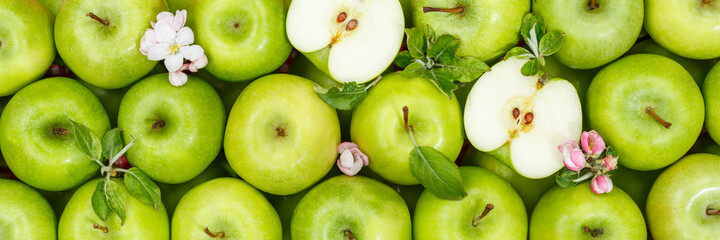 Apples fruits green apple fruit banner background with leaves and blossoms