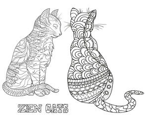 Naklejka premium Zen cats. Design Zentangle. Hand drawn cat with abstract patterns on isolation background. Design for spiritual relaxation for adults. Black and white illustration for coloring. Zen art