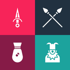 Set pop art Joker head, Old money bag, Crossed medieval spears and Dagger icon. Vector