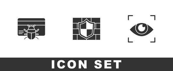 Set System bug in credit card, Shield with brick wall and Eye scan icon. Vector