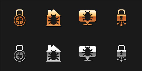 Set Safe combination lock, House system bug, System and Cyber security icon. Vector