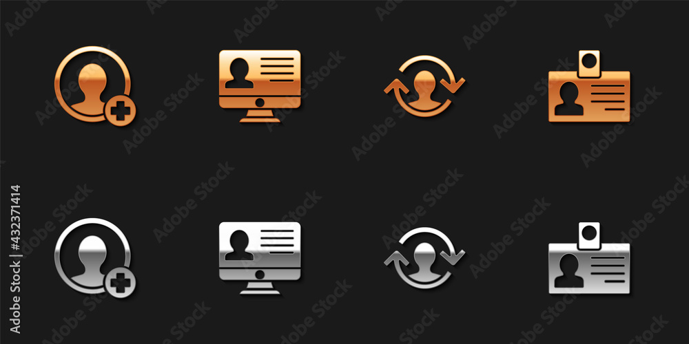 Poster set create account screen, monitor with resume, human resources and identification badge icon. vecto