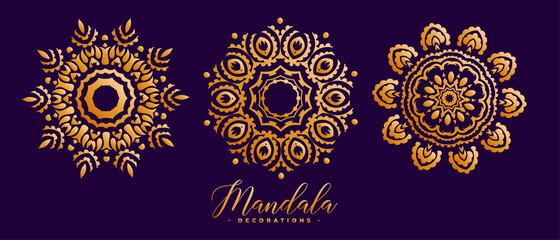 three decorative golden mandala pattern set