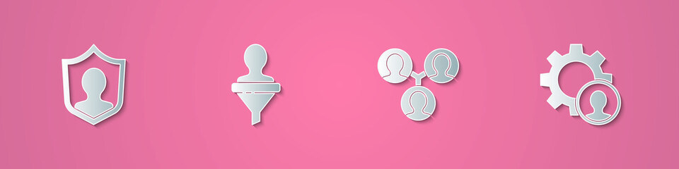 Set paper cut User protection, Head hunting, Project team base and icon. Paper art style. Vector