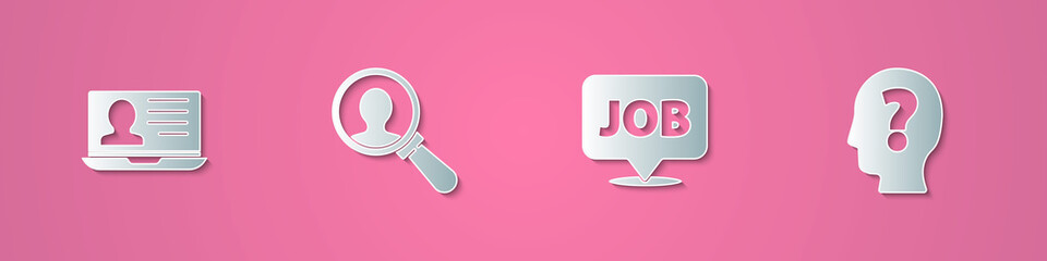 Set paper cut Laptop with resume, Magnifying glass for search, Speech bubble job and Head question mark icon. Paper art style. Vector