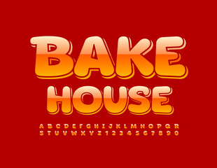 Vector modern emblem Bake House. Shiny Layered Font. Bright Alphabet Letters and Numbers set